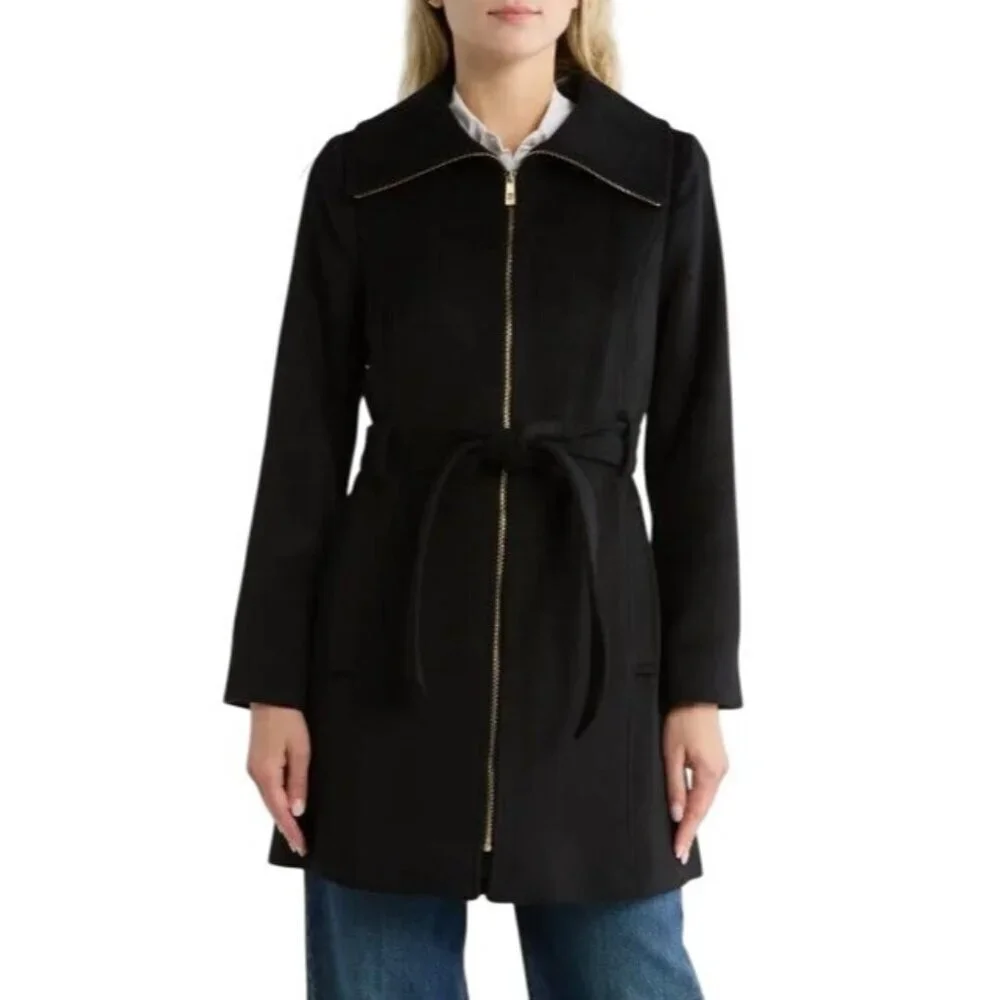 Michael Kors Womens Black Full Zip Wool Blend Belted Mid Legnth Coat Sz XL New